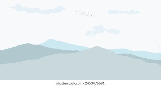 Architectural Drawings, Minimal style cad mountain line drawing, Side view, set of graphics trees elements outline symbol for landscape design drawing. Vector illustration in stroke fill in white.