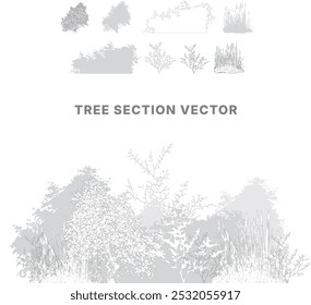 Architectural Drawings, Minimal style cad tree line drawing, Side view, set of section city 
street building outline for landscape design drawing. Vector illustration in seperate element