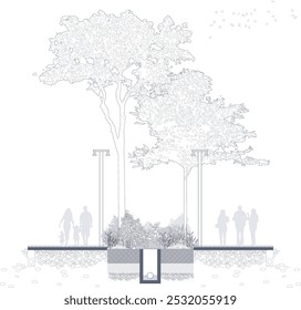 Architectural Drawings, Minimal style cad tree line drawing, Side view, set of section city 
street building outline for landscape design drawing. Vector illustration in seperate element