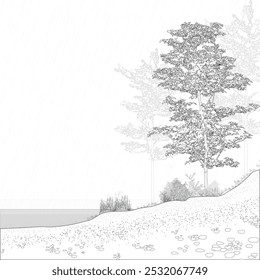 Architectural Drawings, Minimal style cad tree line drawing, Side view, set of section wetland forest outline for landscape design drawing. Vector illustration in seperate element