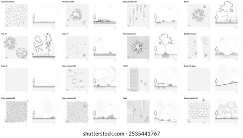 Desenhos arquitetônicos, Desenho de linha de árvore de cad estilo minimal, Vista lateral, planta e seção símbolo de contorno de floresta para desenho de projeto de paisagem. Ilustração vetorial no preenchimento do traçado em branco.