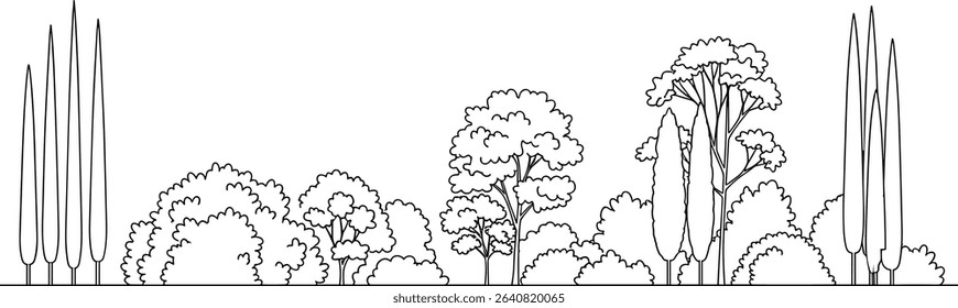 Architectural Drawings, Minimal style cad tree line drawing, Side view, set of section mountian forest outline symbol for landscape design drawing. Vector illustration in stroke fill in white.