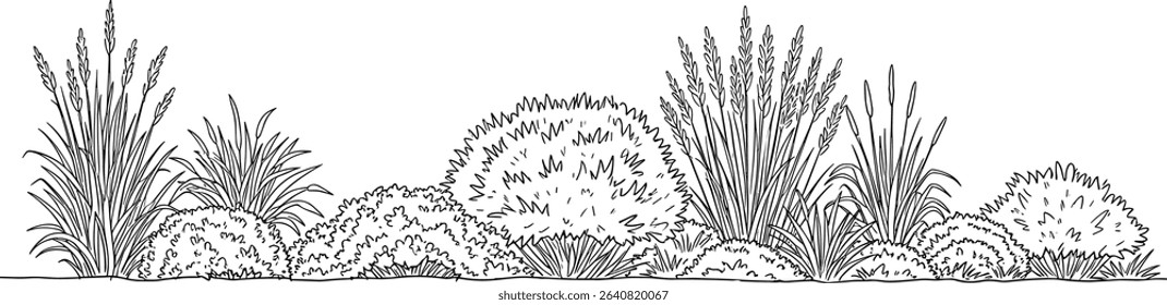 Architectural Drawings, Minimal style cad tree line drawing, Side view, set of section mountian forest outline symbol for landscape design drawing. Vector illustration in stroke fill in white.