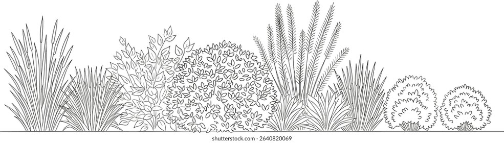 Architectural Drawings, Minimal style cad tree line drawing, Side view, set of section mountian forest outline symbol for landscape design drawing. Vector illustration in stroke fill in white.