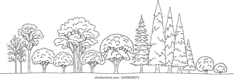 Architectural Drawings, Minimal style cad tree line drawing, Side view, set of section mountian forest outline symbol for landscape design drawing. Vector illustration in stroke fill in white.