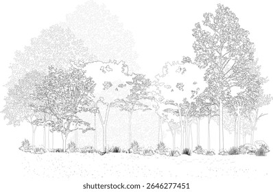Architectural Drawings, Minimal style cad tree line drawing, Side view, set of section wetland forest outline for landscape design drawing. Vector illustration in seperate element
