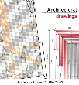 Architectural drawings on a light background. Top view. Part of an abstract architectural project. Wireframe. Architect house plan, plan. Illustration - Vector