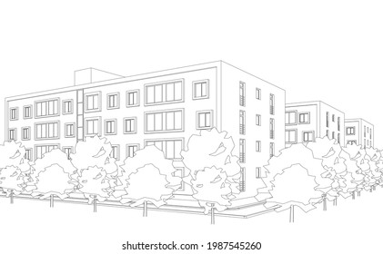 Architekturzeichnungen auf weißem Hintergrund, 3D-Illustration