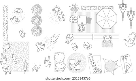 Architectural Drawings, people plan vector in park out door illustration, top view, Minimal style hand drawn, set elements for architecture and landscape design. Sections, Elevations, Floor Plans. - Shutterstock ID 2315343765