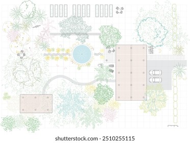 Desenhos arquitetônicos, as pessoas planejam o vetor na ilustração da porta exterior do parque, vista superior, desenhado à mão estilo minimal, definir elementos para a arquitetura e projeto da paisagem. Seções, Elevações 