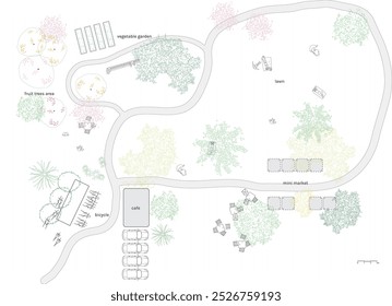 Architectural Drawings, people plan vector in park out door illustration, top view, Minimal style hand drawn, set elements for architecture and landscape design. Sections, Elevations 