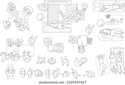 Desenhos arquitetônicos, as pessoas planejam o vetor na ilustração da porta exterior do parque, vista superior, desenhado à mão estilo minimal, definir elementos para a arquitetura e projeto da paisagem. Seções, Elevações, Plantas.