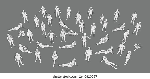 Architectural Drawings, people plan vector in park out door illustration, top view, Minimal style hand drawn, set elements for architecture and landscape design. Sections, Elevations, Floor Plans