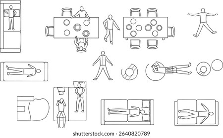 Architectural Drawings, people plan vector in park out door illustration, top view, Minimal style hand drawn, set elements for architecture and landscape design. Sections, Elevations, Floor Plans
