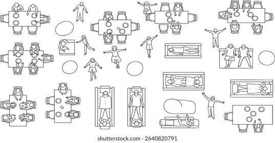 Architectural Drawings, people plan vector in park out door illustration, top view, Minimal style hand drawn, set elements for architecture and landscape design. Sections, Elevations, Floor Plans