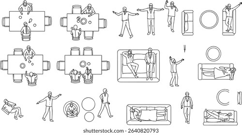 Architectural Drawings, people plan vector in park out door illustration, top view, Minimal style hand drawn, set elements for architecture and landscape design. Sections, Elevations, Floor Plans