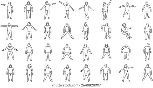 Architectural Drawings, people plan vector in park out door illustration, top view, Minimal style hand drawn, set elements for architecture and landscape design. Sections, Elevations, Floor Plans