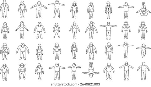 Architectural Drawings, people plan vector in park out door illustration, top view, Minimal style hand drawn, set elements for architecture and landscape design. Sections, Elevations, Floor Plans