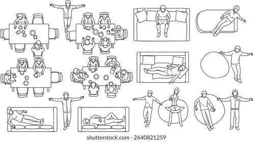 Architectural Drawings, people plan vector in park out door illustration, top view, Minimal style hand drawn, set elements for architecture and landscape design. Sections, Elevations