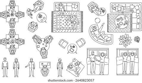 Architectural Drawings, people plan vector in park out door illustration, top view, Minimal style hand drawn, set elements for architecture and landscape design. Sections, Elevations, Floor Plans.