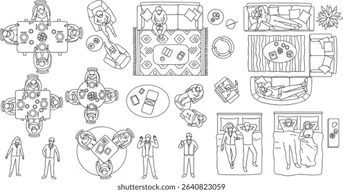 Architectural Drawings, people plan vector in park out door illustration, top view, Minimal style hand drawn, set elements for architecture and landscape design. Sections, Elevations, Floor Plans.