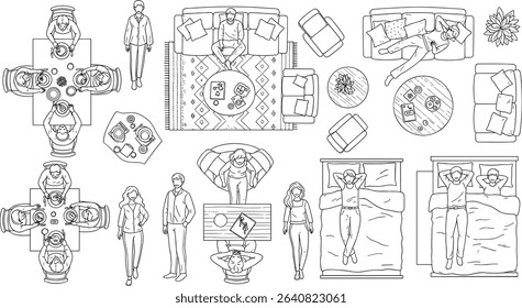Architectural Drawings, people plan vector in park out door illustration, top view, Minimal style hand drawn, set elements for architecture and landscape design. Sections, Elevations, Floor Plans.