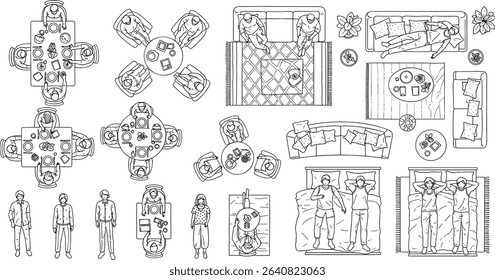 Architectural Drawings, people plan vector in park out door illustration, top view, Minimal style hand drawn, set elements for architecture and landscape design. Sections, Elevations, Floor Plans.