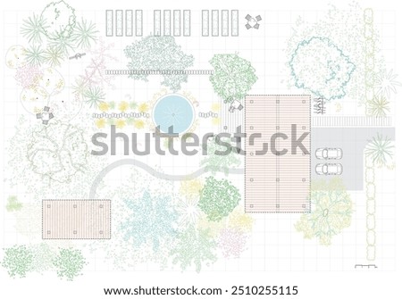 Architectural Drawings, people plan vector in park out door illustration, top view, Minimal style hand drawn, set elements for architecture and landscape design. Sections, Elevations 