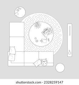 Architectural Drawings, plan vector interior, living room illustration, top view, sofa, rug, tv, Minimal style hand drawn. Sections, Elevations, Floor Plans.