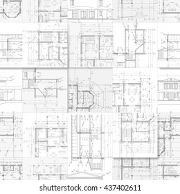 Dibujos arquitectónicos, un conjunto de fachadas y planos de construcción, patrón sin fisuras para tapicería en estilo de construcción. Ilustración vectorial sobre fondo blanco.
