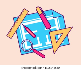 Architectural drawings and tools for drawing. The workplace of the architect. Vector, cartoon style, flat style. Drawing, ruler, compass, protractor, magnifying glass, violin.