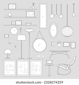 Architectural Drawings vector, decorate living room interior illustration, Minimal style hand drawn. Sections, Elevations, Floor Plan. mirror, frame, jar, lamp, shelf