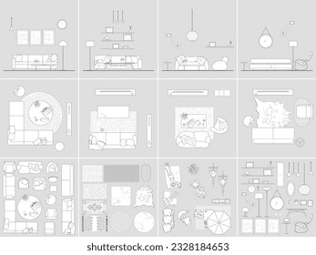 Architectural Drawings vector interior, living room illustration, sofa, couch, lamp, coffee table, mirror, tv, rug, pillow. hand drawn. Sections, Elevations, Floor Plans. cad line