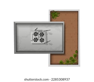 Architectural element top view. Flat roof of house or apartment and backyard with tiles. Object for map, design project or plan. Cartoon flat vector illustration isolated on white background