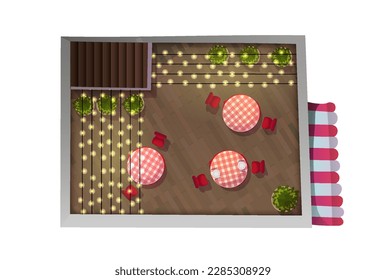 Architectural element top view. Romantic cafe or restaurant with garland and furniture on roof of building. Object for map, design project or plan. Cartoon flat vector illustration isolated on white