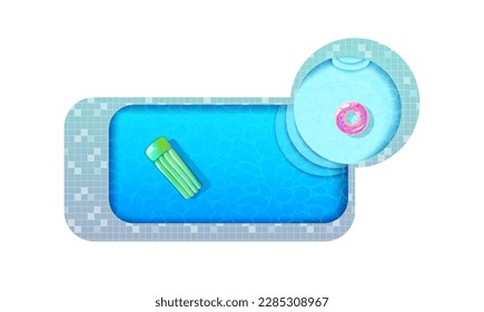 Architectural element top view. Swimming pool with jacuzzi in backyard. Rest and relaxation. Object for map, design project or plan. Cartoon flat vector illustration isolated on white background