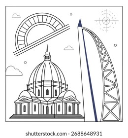 Architectural Elements and Compass Rose Outline Illustration Keywords: architecture, building