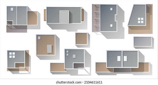 Architectural elements for design of cities plans Top view . Residential complex. Objects to the map view from above. Set of different kinds of houses, buildings. for design . Vector illustration
