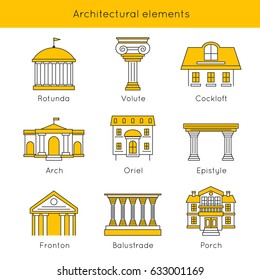 Architectural elements icon set with descriptions of rotunda volute arch oriel epistyle fronton porch vector illustration