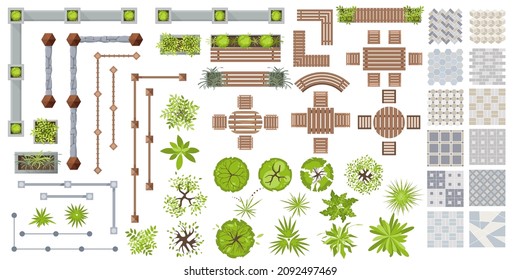 Architectural elements for landscape design top view. Outdoor furniture, fence, trees and tile path. Set of benches, plants in pots and tile for landscape design. Set for projects. Vector flat