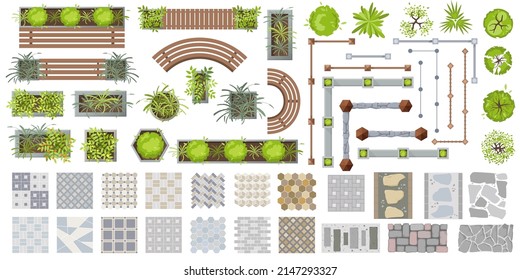 Architectural elements for landscape design top view. Set of Outdoor furniture, fence, trees, fence and tile path for project, plan, map, yard. Benches, chair, table, plant in pot. Vector kit flat - Shutterstock ID 2147293327