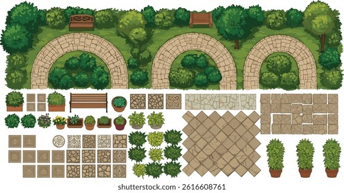 Architectural elements for landscape design top view. Set of Outdoor furniture, fence, trees, fence and tile path for project, plan, map, yard. 