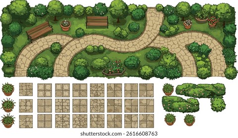 Architectural elements for landscape design top view. Set of Outdoor furniture, fence, trees, fence and tile path for project, plan, map, yard. 