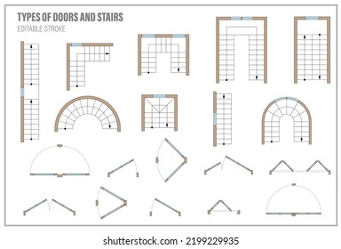 Elementos arquitectónicos establecidos para la vista superior del plano de piso. Kit de iconos para el proyecto interior. Puerta, escalera para el esquema de los apartamentos. Símbolo de construcción, elemento de diseño gráfico, plano. Ilustración del vector