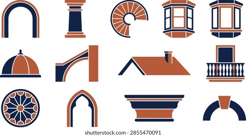 Architectural Elements and Structural Details Vector Icon Set Featuring Round Arch, Classical Column Pillar, Spiral Staircase Top View, Bay Window, Bow Window, Building Dome, Flying Buttress, Gable Roof with Chimney, Balcony Railing, Rose Window, Pointed Gothic Arch, Cornice Molding, and Arch with Keystone