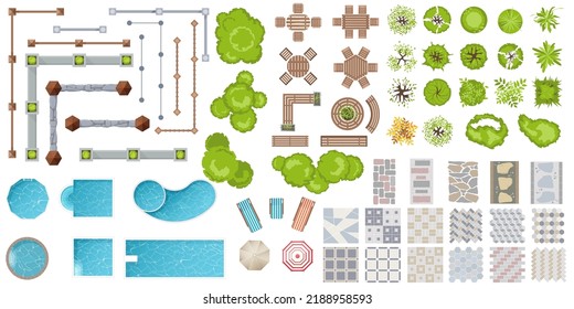 Architectural elements top view for landscape design. Set of outdoor furniture, fence, trees, swim pool and tile path for project, plan, map, yard. Kit of vector objects: benches, plants and tile.