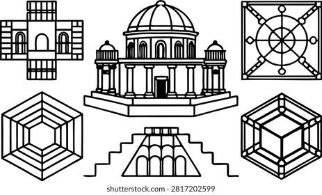 Architectural elevation, floor plans, and geometric building blueprint