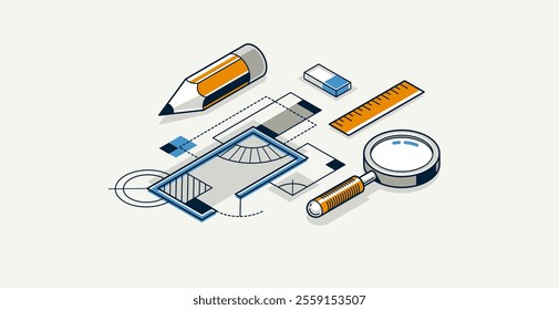 Architectural engineering concept, construction plan in creation progress, blueprint technical plan 3D isometric vector illustration, build cad project.