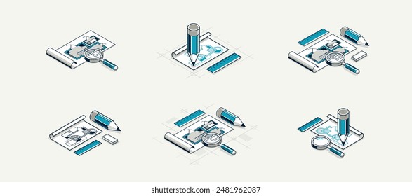 Architectural engineering concept set, construction plan in creation progress, blueprint technical plan 3D isometric vector illustration, build cad project.