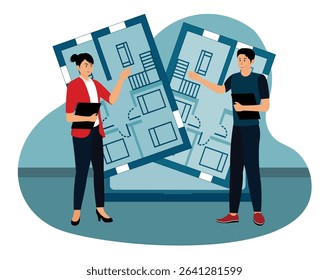 Architectural engineering concept.  A woman and a man collaborating on architectural designs shown on large screens displaying floor plans.